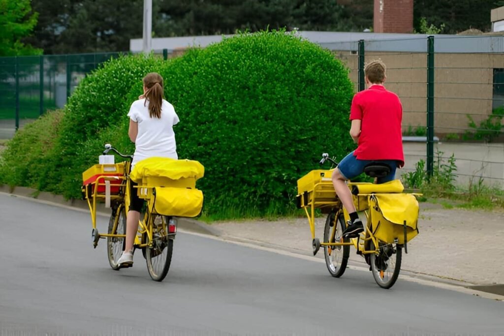 Two persons are riding on two separate cargo ebikes on a city street